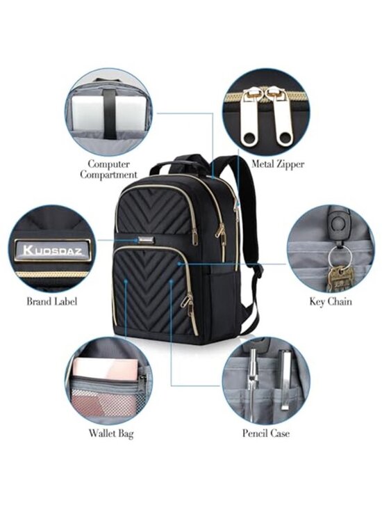 Women Quilted Laptop Backpack 15.6 Inch Anti Theft School Bookbag Black Gold